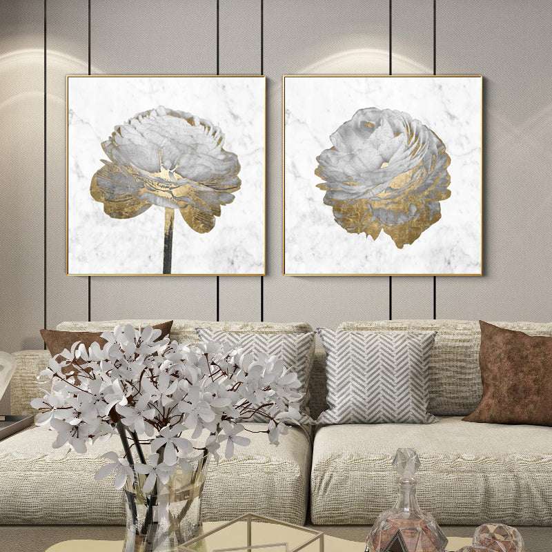 Wall Art 40cmx40cm Gold And White Blossom On White 2 Sets Gold Frame Canvas