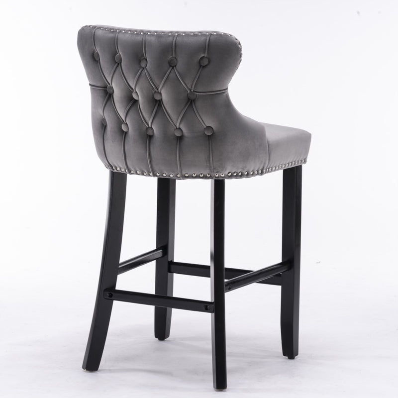 4x Velvet Upholstered Button Tufted Bar Stools with Wood Legs and Studs-Grey