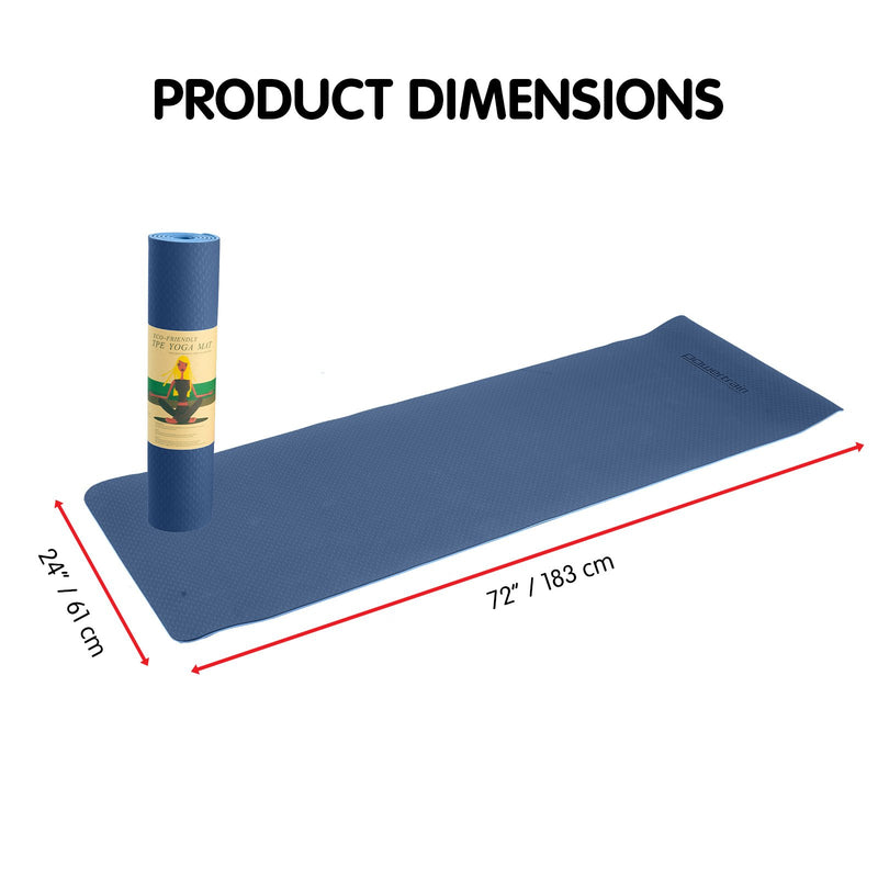 Powertrain Eco-friendly Dual Layer 8mm Yoga Mat | Dark Blue | Non-slip Surface And Carry Strap For Ultimate Comfort And Portability