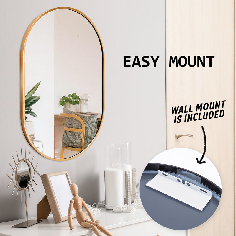 La Bella Gold Wall Mirror Oval Aluminum Frame Makeup Decor Bathroom Vanity 50x75cm