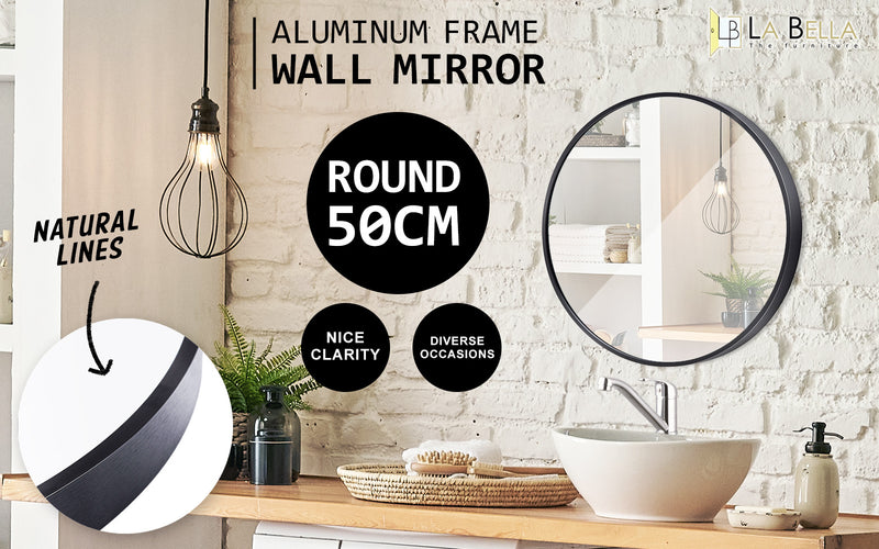 La Bella Black Wall Mirror Round Aluminum Frame Makeup Decor Bathroom Vanity 50cm