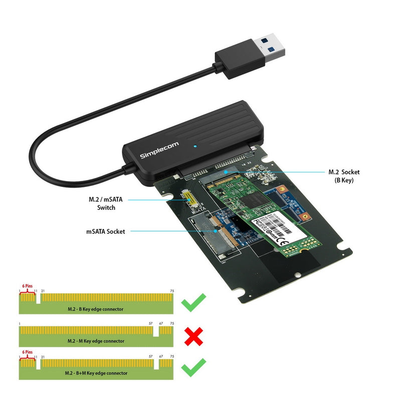 Simplecom SA225 USB3.0 to mSATA + M.2 (NGFF B Key) 2 In 1 Combo Adapter