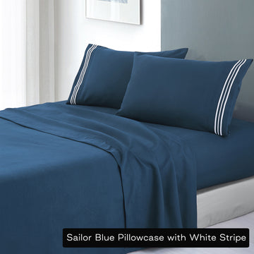 soft microfibre embroidered stripe sheet set king single sailor blue pillowcase white stripe