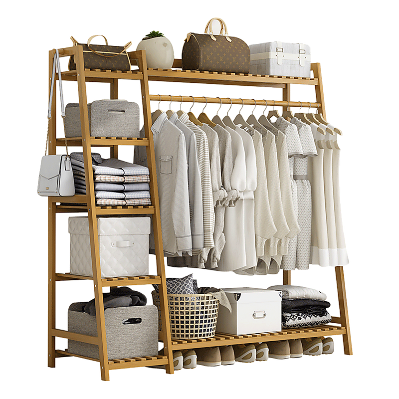 Portable Clothes Rack Coat Garment Stand Bamboo Rail Hanger Airer Closet