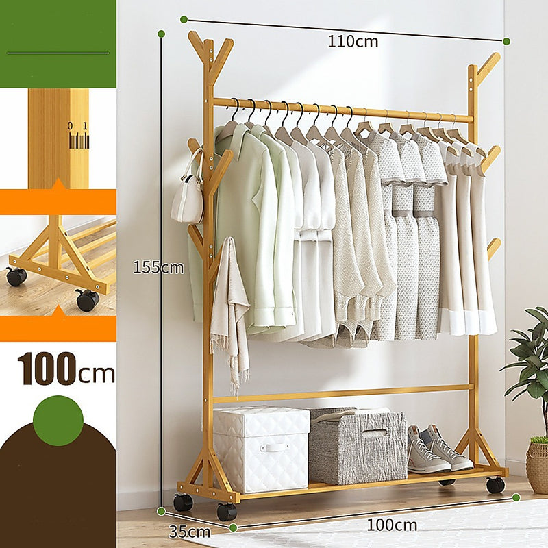 Portable Clothes Rack Coat Garment Stand Bamboo Rail Hanger Airer Closet