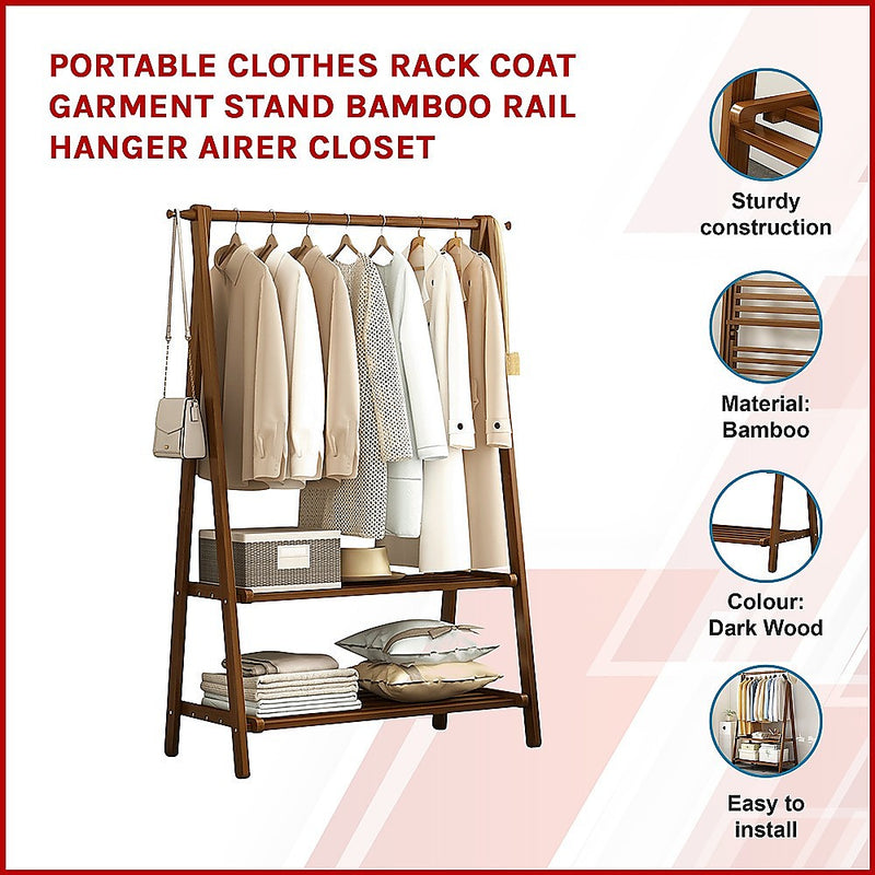 Portable Clothes Rack Coat Garment Stand Bamboo Rail Hanger Airer Closet