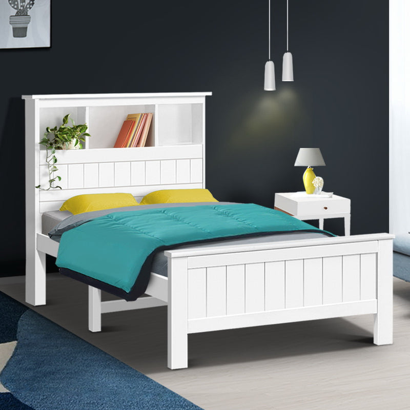 Artiss Bed Frame Single Size Wooden with 3 Shelves Bed Head White