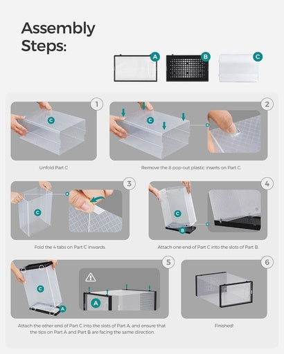 SONGMICS Pack of 18 Foldable and Stackable Shoe Boxes Fit up to AU Size 11 Transparent and Black