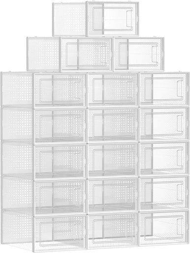 SONGMICS Pack of 18 Foldable and Stackable Shoe Boxes Fit up to AU Size 11 Transparent and White