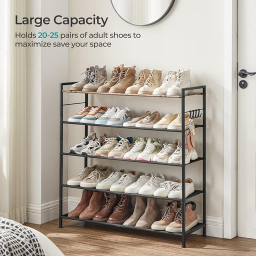 SONGMICS 5 Tier Shoe Rack Storage Organizer for 20-25 Pairs with 4 Hooks Rustic Brown