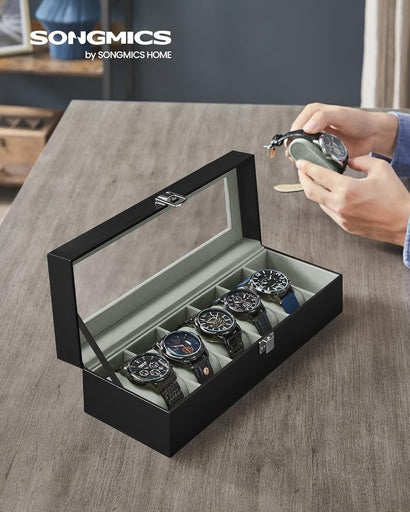 SONGMICS Watch Box for 6 Watches with Glass Lid and Removable Watch Pillows Black Synthetic Leather Grey Lining