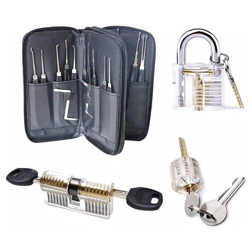 GOMINIMO 34 Pcs Lock Picking Kit with 3 Transparent Practice Training Padlocks 6 Keys and a Carrying Bag (Black) GO-LPK-100-RYT