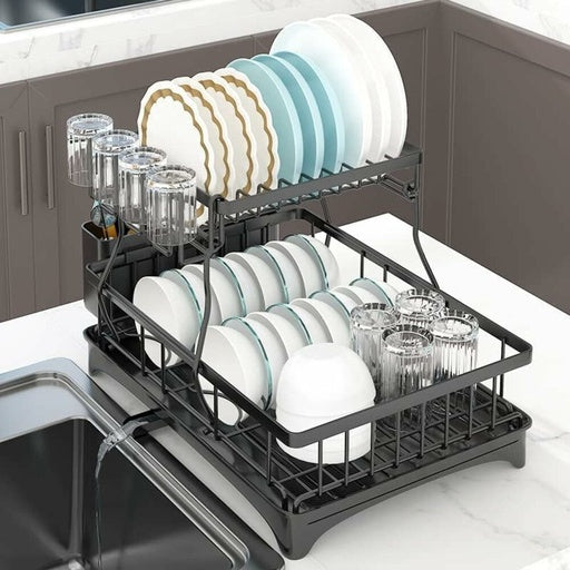 GOMINIMO 2 Tier Dish Drying Rack with Drain Board and Drip Tray for Kitchen Countertop (Black) GO-DR-102-JTM