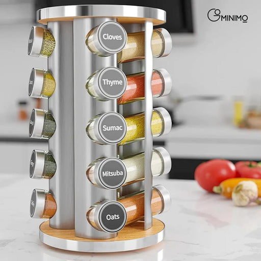 GOMINIMO Rotating Spice Rack Organizer (20 Jars) with Label Sticker and Silicone Funnel