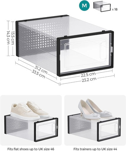 SONGMICS Pack of 18 Foldable and Stackable Shoe Boxes Fit up to AU Size 11 Transparent and Black