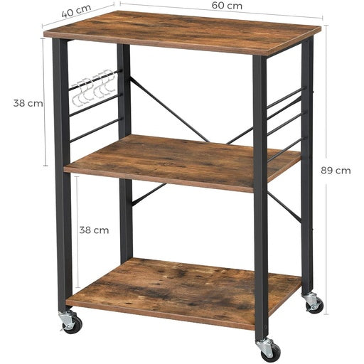 VASAGLE Kitchen Shelf on Wheels Serving Trolley with 3 Shelves Metal Frame with 6 Hook Rustic Brown