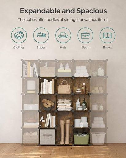 SONGMICS Set of 16 Plastic Cube Storage Organizer Rustic Brown