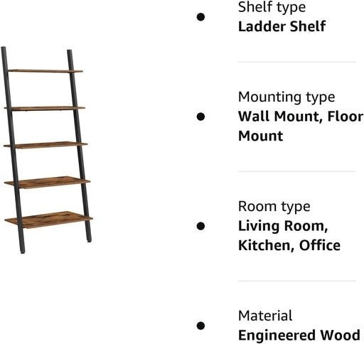 VASAGLE Industrial Ladder Shelf 5-Tier Bookshelf Rack Wall Shelf Rustic Brown and Black