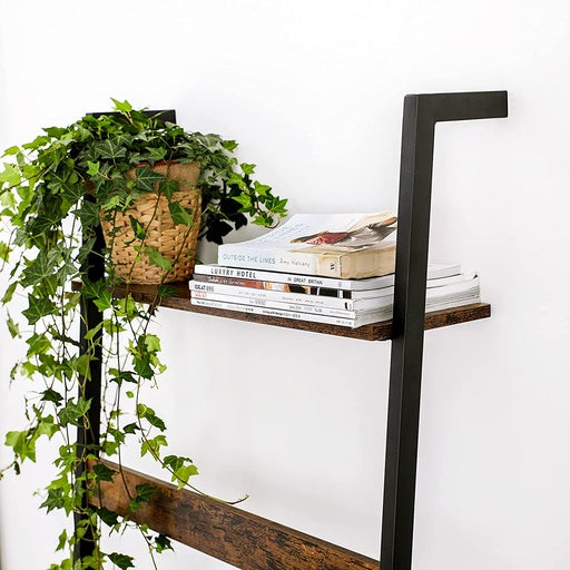 VASAGLE Blanket Ladder Wall-Leaning Rack with Storage Shelf Rustic Brown and Black