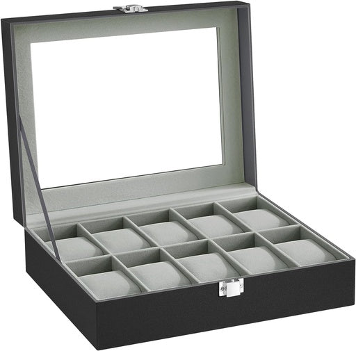 SONGMICS Watch Box for 10 Watches with Glass Lid and Removable Watch Pillows Black Synthetic Leather Grey Lining