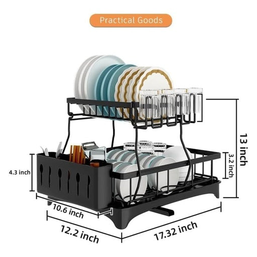 GOMINIMO 2 Tier Dish Drying Rack with Drain Board and Drip Tray for Kitchen Countertop (Black) GO-DR-102-JTM