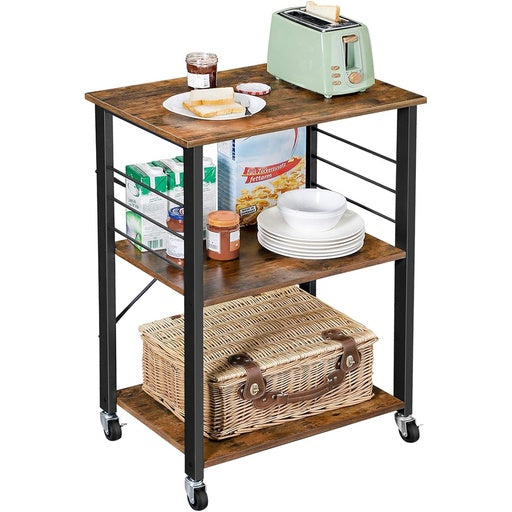 VASAGLE Kitchen Shelf on Wheels Serving Trolley with 3 Shelves Metal Frame with 6 Hook Rustic Brown