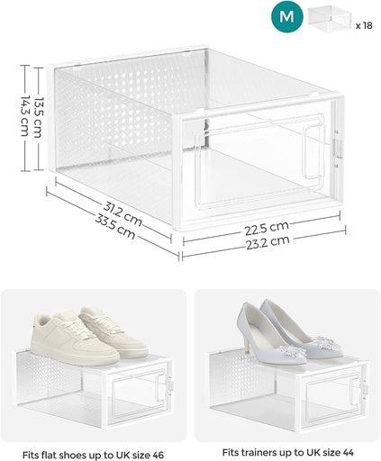 SONGMICS Pack of 18 Foldable and Stackable Shoe Boxes Fit up to AU Size 11 Transparent and White