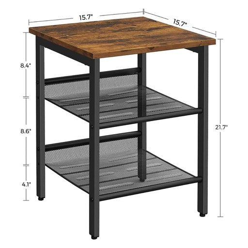 VASAGLE Side Table Nightstand End Table with 2 Adjustable Mesh Shelves Rustic Brown and Black LET23XV1