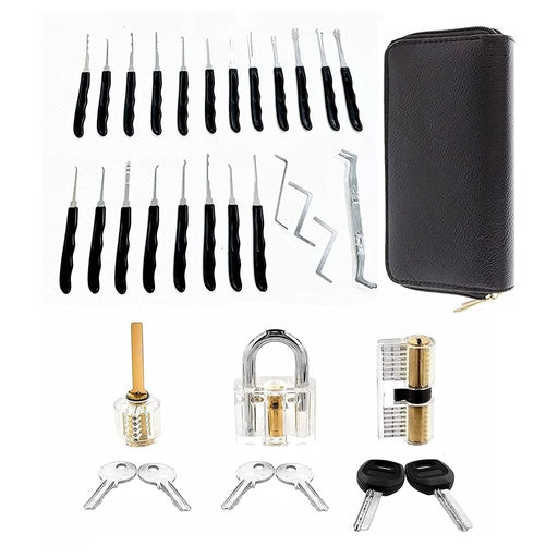 GOMINIMO 34 Pcs Lock Picking Kit with 3 Transparent Practice Training Padlocks 6 Keys and a Carrying Bag (Black) GO-LPK-100-RYT