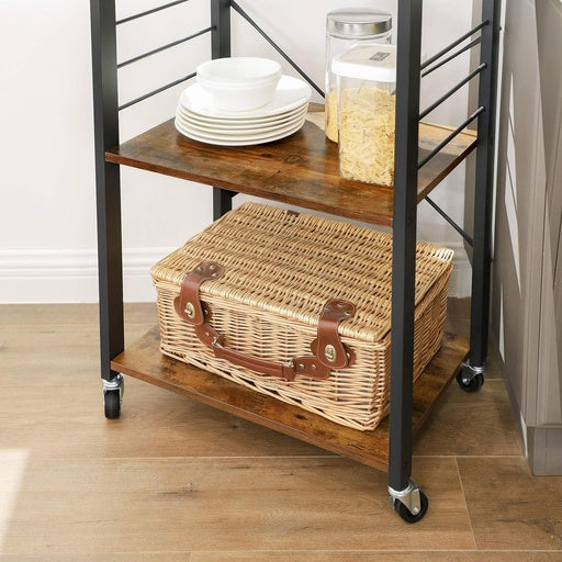 VASAGLE Kitchen Shelf on Wheels Serving Trolley with 3 Shelves Metal Frame with 6 Hook Rustic Brown