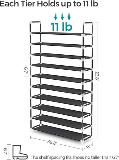 SONGMICS 10 Tier Metal Shoe Rack Non-Woven Fabric Shelves Holds up to 50 Pairs Black