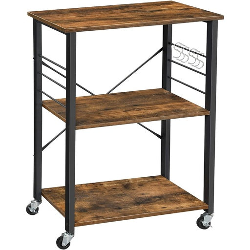 VASAGLE Kitchen Shelf on Wheels Serving Trolley with 3 Shelves Metal Frame with 6 Hook Rustic Brown