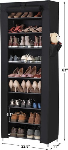 SONGMICS 9 Tier Shoe Rack for 27-35 Pairs of Shoes with Nonwoven Fabric Cover Black