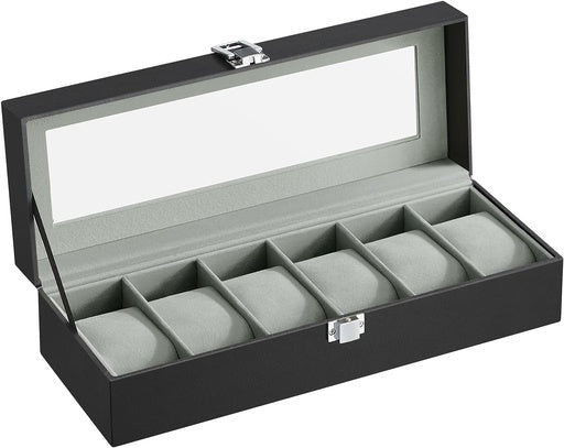 SONGMICS Watch Box for 6 Watches with Glass Lid and Removable Watch Pillows Black Synthetic Leather Grey Lining