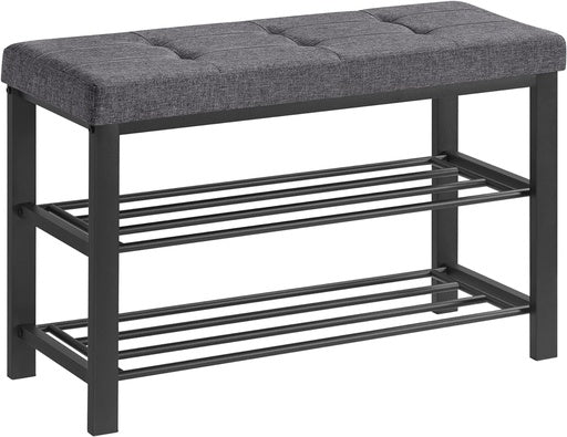 SONGMICS 3-Tier Metal Shoe Bench Storage Organizer with Foam Padded Seat Dark Grey and Black