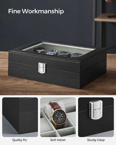 SONGMICS Watch Box for 10 Watches with Glass Lid and Removable Watch Pillows Black Synthetic Leather Grey Lining