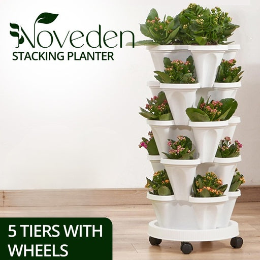 NOVEDEN 5 Tier Stacking Planter Vertical Garden with Heavy Duty Trolley Wheels (45cm)