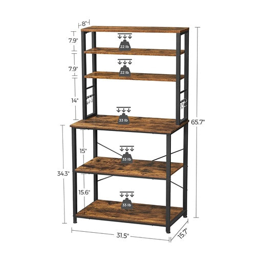 VASAGLE 6 Tier Storage Shelves with 6 Hooks Rustic Brown and Black