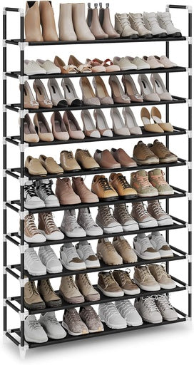 SONGMICS 10 Tier Metal Shoe Rack Non-Woven Fabric Shelves Holds up to 50 Pairs Black