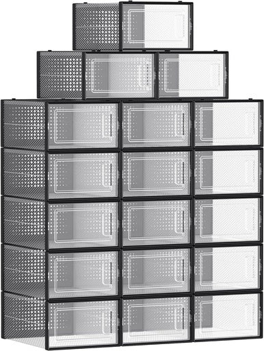 SONGMICS Pack of 18 Foldable and Stackable Shoe Boxes Fit up to AU Size 11 Transparent and Black