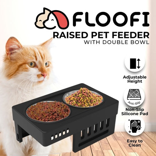 FLOOFI Elevated Pet Feeder Food Water Double Bowl Adjustable Height Raised Stand