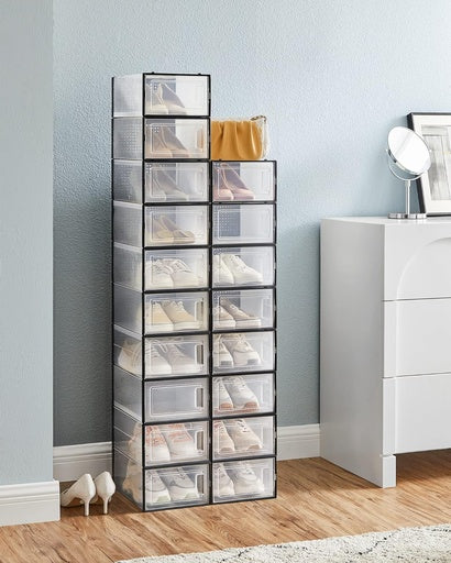 SONGMICS Pack of 18 Foldable and Stackable Shoe Boxes Fit up to AU Size 11 Transparent and Black